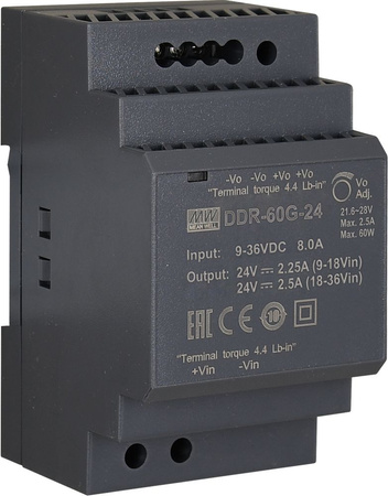 Przetwornica na szynę DIN Mean Well DDR-60G-24 obniżająca napięcie 9V÷36VDC > 24VDC 2,5A 60W