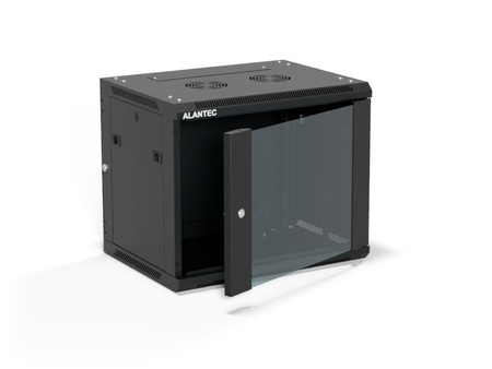 Szafa RACK 19" 9U 600x450 Alantec SW-9U-600-450-01-CA wisząca (opcja dwusekcyjna) drzwi szklane jednoskrzydłowe, tył osłona pełna demontowalna, osłony boczne pełne demontowalne zamykane na klucz, 4 belki, czarna, złożona