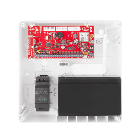 Zestaw centrtali alarmowej GENEVO PRIMA64LTE WL BOX 8 wejść (max 64 wejścia), 4 wyjscia (max 16 wyjść), 4 strefy, system EVOLiNK - komunikacja bezprzewodowa, (PRiMA64 LTE WL, BOX-1, zasilacz 24VDC, antena GSM)