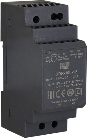 Przetwornica na szynę DIN Mean Well DDR-30L-12 obniżająca napięcie 18V÷75VDC > 12VDC 2,5A 30W