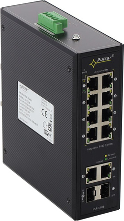 Switch 10 portowy gigabitowy Pulsar ISFG108 8xPoE + 2xUplink + 2xUplink SFP bez zasilacza, mocowanie na szynę DIN