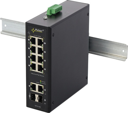 Switch 10 portowy gigabitowy Pulsar ISFG108 8xPoE + 2xUplink + 2xUplink SFP bez zasilacza, mocowanie na szynę DIN