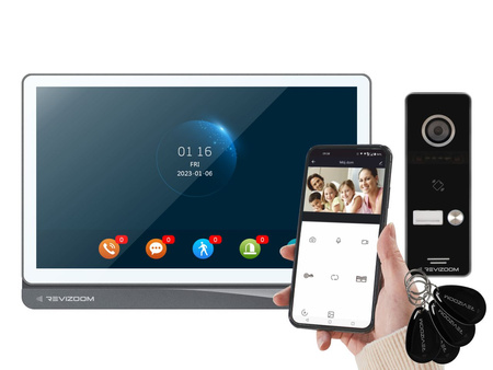 Zestaw wideodomofonu Revizoom  RM-T404HDI WHITE/RC-411HD-C unifon głośnomówiący 10" 1024x600px WiFi i stacja bramowa otwierana kartami Mifare z kamerą 2Mpx, sterowanie smartfonem (Tuya)