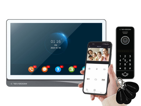 Zestaw wideodomofonu Revizoom  RM-T404HDI White/RC-411HD-CK unifon głośnomówiący 10" 1024x600px WiFi i stacja bramowa otwierana kodem i kartami Mifare z kamerą 2Mpx, sterowanie smartfonem (Tuya)