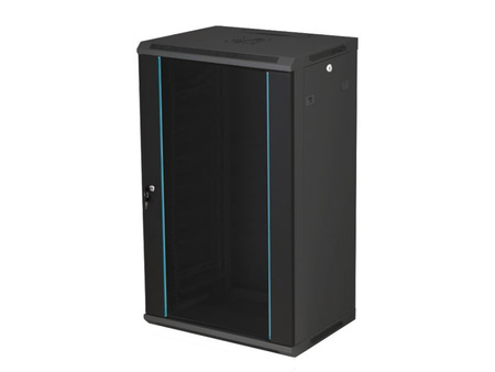 Szafa RACK 19" 15U 600x450 Q-LANTEC SW-15U-600-450-N-DSJ-OP-RP-F-C-1 wisząca, niedzielona, drzwi szklane jednoskrzydłowe, tył osłona pełna, osłony boczne zamykane na klucz czarna, do złożenia