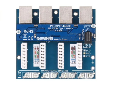 Ogranicznik przepięć 4-kanałowy serii EXT Ewimar PTU-54-EXT/InPoE/A do sieci LAN z aktywnym iniektorem PoE do montażu w module RACK
