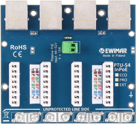 Moduł 4-kanałowego zabezpieczenia przeciwprzepięciowego Ewimar PTU-54-EXT/InPoE/P serii EXT z pasywnym iniektorem PoE