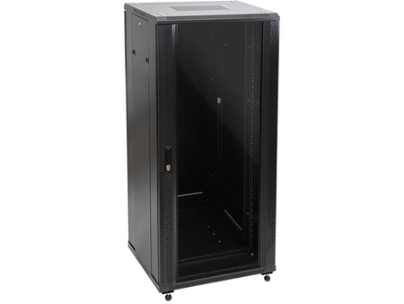 Szafa RACK 19" 24U 600x600 Q-LANTEC SS-24U-600-600-01-C drzwi przednie szklane, osłona tylna metalowa pełna, zamek, 4 belki nośne, 4 regulowane stopki, czarna, do złożenia