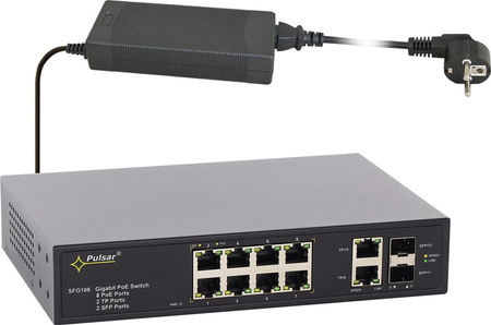 Switch 10 portowy gigabitowy Pulsar SFG108 8xPoE + 2xUplink + 2xUplink SFP zasilacz 120W