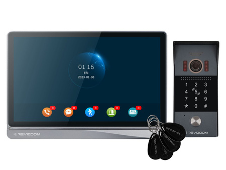 Zestaw wideodomofonu Revizoom  RM-T404HDI BLACK/RC-412HD-CK unifon głośnomówiący 10" 1024x600px WiFi i stacja bramowa otwierana kodem i kartami Mifare z kamerą 2Mpx, sterowanie smartfonem (Tuya)