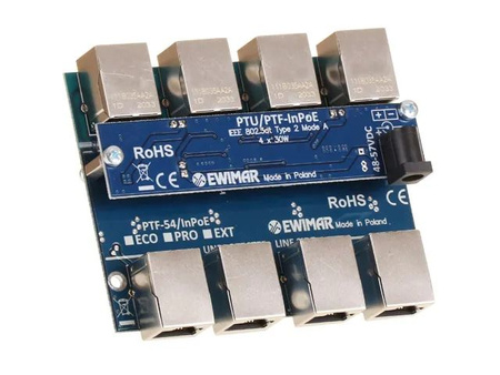 Ogranicznik przepięć 4-kanałowy serii EXT Ewimar PTF-54-EXT/InPoE/A do sieci LAN z aktywnym iniektorem PoE do montażu w module RACK