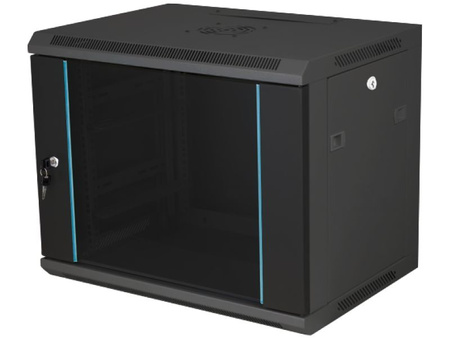 Szafa RACK 19" 12U 600x450 Q-LANTEC SW-12U-600-450-N-DSJ-OP-RP-F-C-1 wisząca, niedzielona, drzwi szklane jednoskrzydłowe, tył osłona pełna, osłony boczne zamykane na klucz, czarna, do złożenia