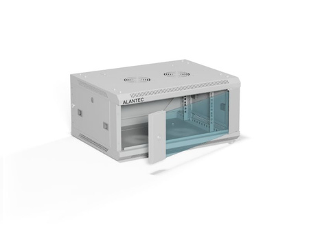 Szafa RACK 19" 4U 600x450 Alantec SW-4U-600-450-01-SA wisząca drzwi szklane jednoskrzydłowe, tył osłona pełna demontowalna, osłony boczne pełne demontowalne zamykane na klucz, 4 belki, szara,złożona