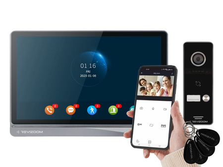 Zestaw wideodomofonu Revizoom  RM-T404HDI BLACK/RC-411HD-C unifon głośnomówiący 10" 1024x600px WiFi i stacja bramowa otwierana kartami Mifare z kamerą 2Mpx, sterowanie smartfonem (Tuya)