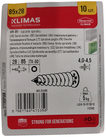 Ślimak / wkręt do styropianu Wkręt-Met WK-DS085 Ø2,8mm, L85mm (opak. 10szt)