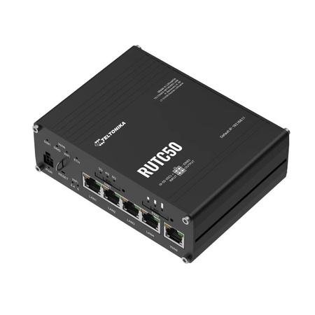 Router bezprzewodowy Teltonika RUTC50 b/g/n/ac/ax + 5G 2xSIM USB WAN + 3x10/1000/1000 4 anteny SMA do 5G/LTE, 3 anteny RP-SMA do WiFi i antena SMA do GNSS (GPS) w komplecie IP30