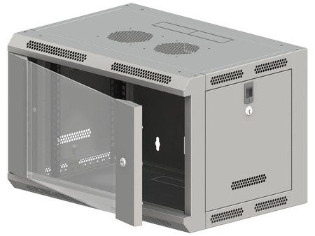 Szafa RACK 19" 6U 600x600 Alantec SW-6U-600-600-N-DSJ-OP-RP-B-S wisząca niedzielona, drzwi szklane jednoskrzydłowe, tył osłona pełna, osłony boczne ruchome perforowane, 4 belki, szara, do złożenia