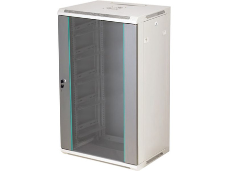 Szafa RACK 19" 18U 600x450 Q-LANTEC SW-18U-600-450-N-DSJ-OP-RP-B-S wisząca, niedzielona, drzwi szklane jednoskrzydłowe, tył osłona pełna, osłony boczne zamykane na klucz szara, złożona