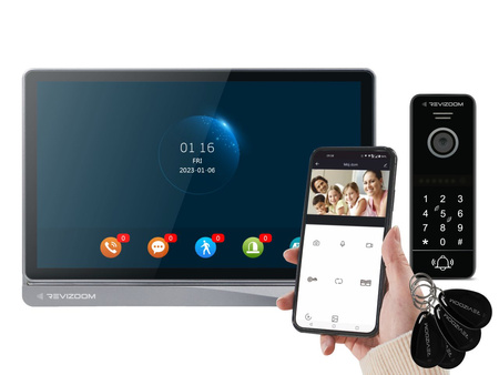 Zestaw wideodomofonu Revizoom  RM-T404HDI BLACK/RC-411HD-CK unifon głośnomówiący 10" 1024x600px WiFi i stacja bramowa otwierana kodem i kartami Mifare z kamerą 2Mpx, sterowanie smartfonem (Tuya)