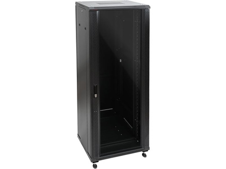 Szafa RACK 19" 42U 600x600 Q-LANTEC SS-42U-600-600-01-C drzwi przednie szklane, drzwi tylne stalowe pełne, zamek, 4 belki nośne, 4 regulowane stopki, czarna, do złożenia