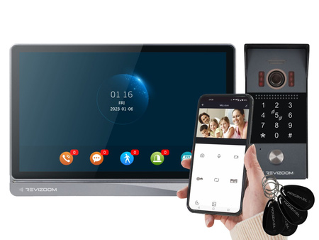Zestaw wideodomofonu Revizoom  RM-T404HDI BLACK/RC-412HD-CK unifon głośnomówiący 10" 1024x600px WiFi i stacja bramowa otwierana kodem i kartami Mifare z kamerą 2Mpx, sterowanie smartfonem (Tuya)