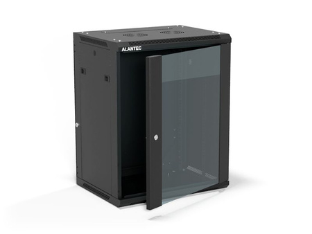 Szafa RACK 19" 15U 600x450 Alantec SW-15U-600-450-01-CA wisząca (opcja dwusekcyjna) drzwi szklane jednoskrzydłowe, tył osłona pełna demontowalna, osłony boczne pełne demontowalne zamykane na klucz, 4 belki, czarna, złożona
