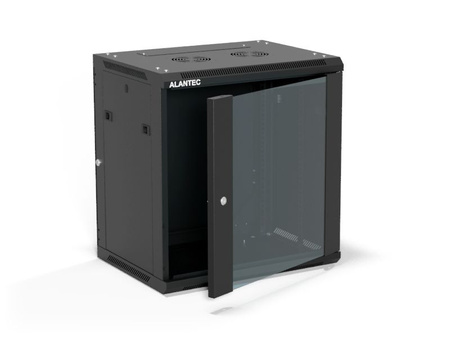 Szafa RACK 19" 12U 600x450 Alantec SW-12U-600-450-01-CF wisząca (opcja dwusekcyjna) drzwi szklane jednoskrzydłowe, tył osłona pełna demontowalna, osłony boczne pełne demontowalne zamykane na klucz, 4 belki, czarna, do złożenia
