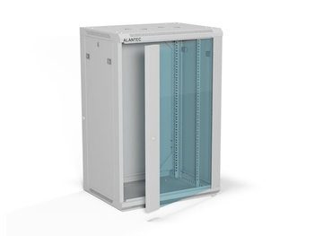 Szafa RACK 19" 18U 600x450 Alantec SW-18U-600-450-01-SA wisząca (opcja dwusekcyjna) drzwi szklane jednoskrzydłowe, tył osłona pełna demontowalna, osłony boczne pełne demontowalne zamykane na klucz, 4 belki, szara, złożona