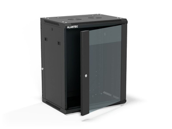 Szafa RACK 19" 15U 600x450 Alantec SW-15U-600-450-01-CA wisząca (opcja dwusekcyjna) drzwi szklane jednoskrzydłowe, tył osłona pełna demontowalna, osłony boczne pełne demontowalne zamykane na klucz, 4 belki, czarna, złożona