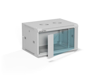 Szafa RACK 19" 6U 600x450 Alantec SW-6U-600-450-01-SF wisząca (opcja dwusekcyjna), drzwi szklane jednoskrzydłowe, tył osłona pełna demontowalna, osłony boczne pełne demontowalne zamykane na klucz, 4 belki, szara, do złożenia