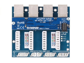 Ogranicznik przepięć 4-kanałowy serii PRO Ewimar PTU-54-PRO/InPoE/A do sieci LAN z aktywnym iniektorem PoE do montażu w module RACK