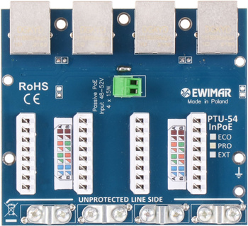 Moduł 4-kanałowego zabezpieczenia przeciwprzepięciowego Ewimar PTU-54-ECO/InPoE/P serii ECO z pasywnym iniektorem PoE