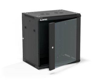 Szafa RACK 19" 12U 600x450 Alantec SW-12U-600-450-01-CF wisząca (opcja dwusekcyjna) drzwi szklane jednoskrzydłowe, tył osłona pełna demontowalna, osłony boczne pełne demontowalne zamykane na klucz, 4 belki, czarna, do złożenia
