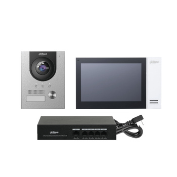 Zestaw wideodomofonowy Dahua KTP01-S2(S) (VTO2201F-P + VTH2421FW-P + PFS3005-4ET-36E + VTM115) unifon głośnomówiący 7" 1024x600px i stacja bramowa natynkowa z kamerą 2Mpx 160°