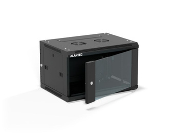 Szafa RACK 19" 6U 600x450 Alantec SW-6U-600-450-01-CF wisząca (opcja dwusekcyjna) drzwi szklane jednoskrzydłowe, tył osłona pełna demontowalna, osłony boczne pełne demontowalne zamykane na klucz, 4 belki, czarna, do złożenia