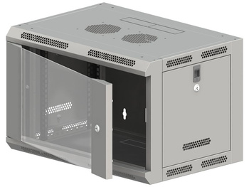 Szafa RACK 19" 9U 600x600 Alantec SW-9U-600-600-N-DSJ-OP-RP-B-S wisząca niedzielona, drzwi szklane jednoskrzydłowe, tył osłona pełna, osłony boczne ruchome perforowane, 4 belki, szara, do złożenia