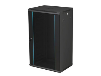 Szafa RACK 19" 18U 600x450 Q-LANTEC SW-18U-600-450-N-DSJ-OP-RP-F-C-1 wisząca, niedzielona, drzwi szklane jednoskrzydłowe, tył osłona pełna, osłony boczne zamykane na klucz czarna, do złożenia