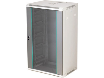 Szafa RACK 19" 18U 600x450 Q-LANTEC SW-18U-600-450-N-DSJ-OP-RP-B-S wisząca, niedzielona, drzwi szklane jednoskrzydłowe, tył osłona pełna, osłony boczne zamykane na klucz szara, złożona