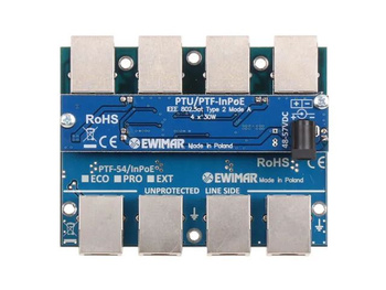 Ogranicznik przepięć 4-kanałowy serii PRO Ewimar PTF-54-PRO/InPoE/A do sieci LAN z aktywnym iniektorem PoE do montażu w module RACK