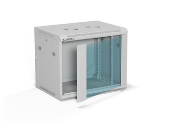 Szafa RACK 19" 9U 600x450 Alantec SW-9U-600-450-01-SF wisząca (opcja dwusekcyjna) drzwi szklane jednoskrzydłowe, tył osłona pełna demontowalna, osłony boczne pełne demontowalne zamykane na klucz, 4 belki, szara, do złożenia