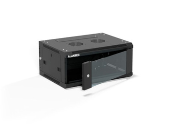 Szafa RACK 19" 4U 600x450 Alantec SW-4U-600-450-01-CF wisząca drzwi szklane jednoskrzydłowe, tył osłona pełna demontowalna, osłony boczne pełne demontowalne zamykane na klucz, 4 belki, czarna, do złożenia